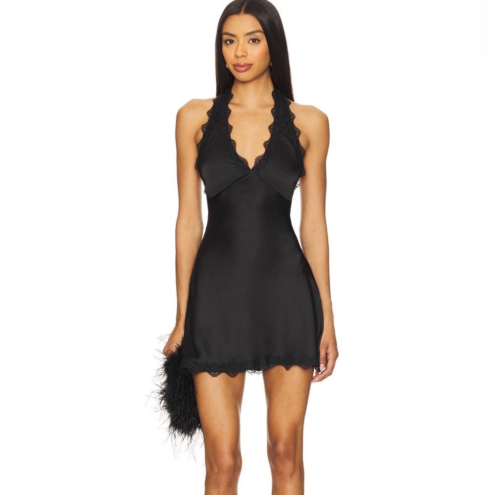 Lioness Black Lace-Trim Satin Mini Dress